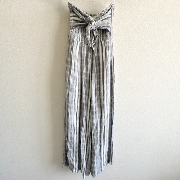 L*Space Riri Strapless Wide‑Leg Jumpsuit XS Gray White Stripe Smocked tie - Picture 2 of 15